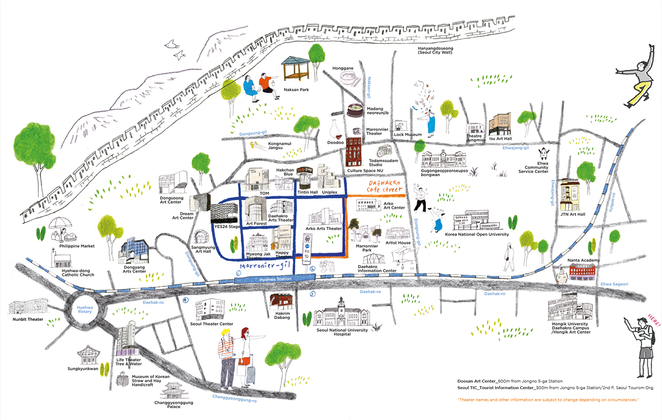 This detailed map shows the locations of theaters, cultural facilities, coffee shops, restaurants, a subway station, roads, and others in Daehakro with Marronnier park in the center.